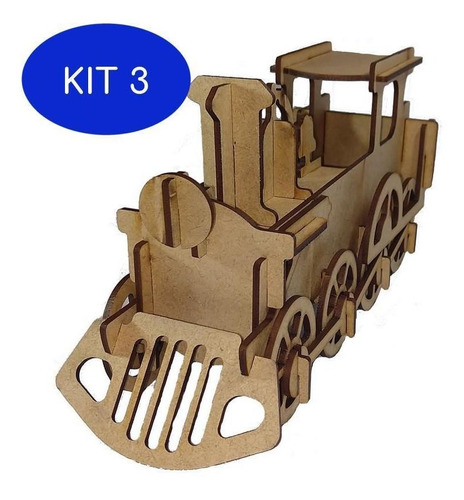 Kit 3 Quebra Cabeça 3d Trem Locomotiva Maria Fumaça  Mdf