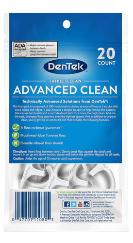 Kit 12 Fios Dental Dentek Floss Picks Triple Clean Adva 20un