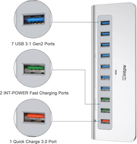 Hub Usb Con Alimentación Intpw De 10 Gbps, Concentrador Usb