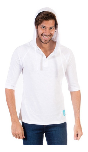 Playera Blanca Manga 3/4 Con Capucha Y Estampado En Espalda
