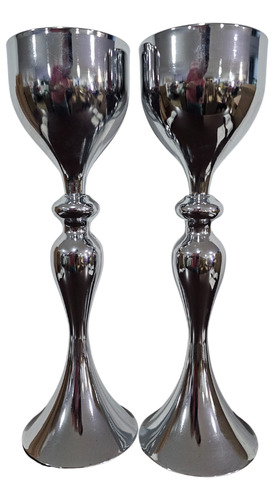 2 Taças Cálices Castiçais Troféus Vasos 40cm Metal Prateado