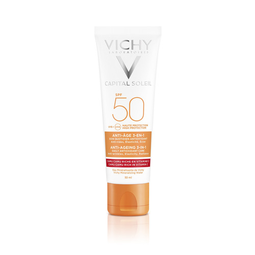 Protector solar Vichy Idéal Soleil FPS 50 Anti Edad 3 en 1 en pomo de 50 mL