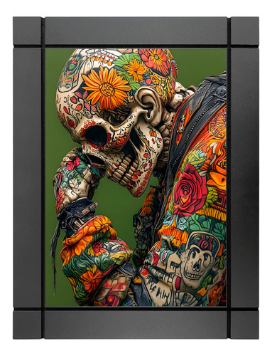 Cuadro Decorativo Madera Calavera Esqueleto Tatuajes Negro Negro
