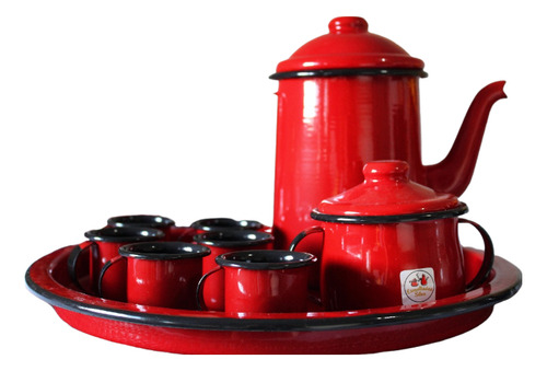 Kit Café Bule Açucareiro Bandeja 6 Caneca Esmaltado Vermelho