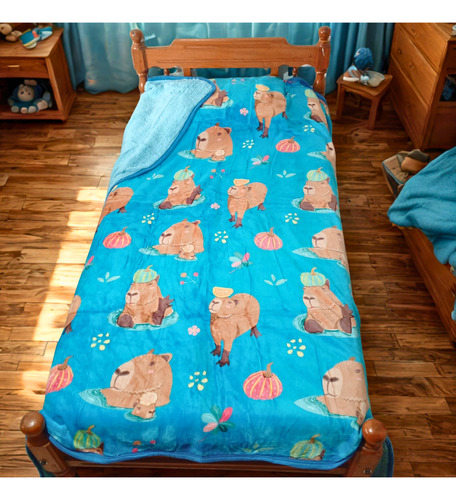 Frazada Infantil Personajes Plush Y Corderito 1 1/2 Plaza Carpincho Celeste