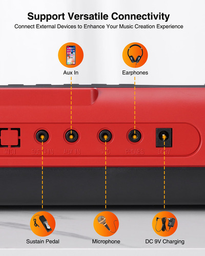 Teclado De Piano De 61 Teclas Portátil Con Luces Y Pantalla Rojo