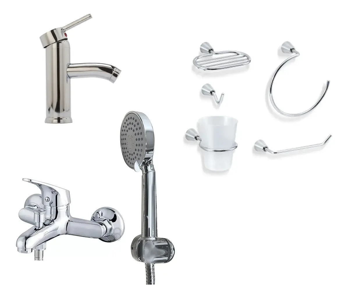 Juego Griferia Lavatorio Ducha Monocomando Accesorios Baño Color Cromo