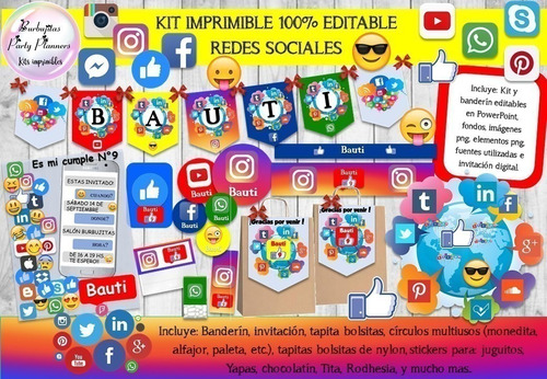 Kit Imprimible Candy Bar Redes Sociales 100% Editable