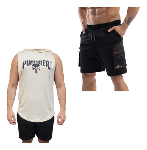 Musculosa Hombre Punisher Crudo + Short Cargo Bolsillos