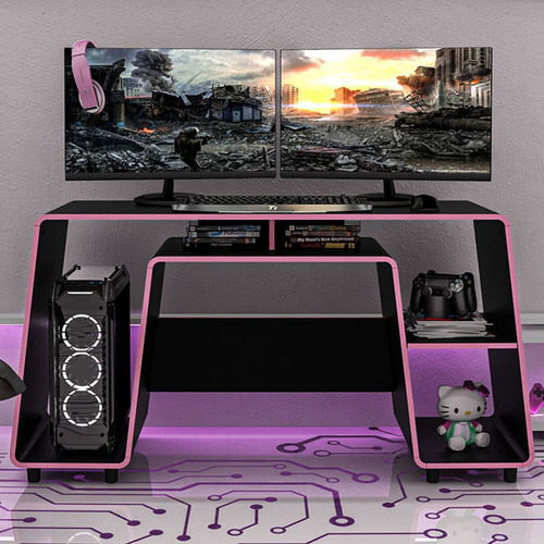 Mesa Gamer London 1 Prateleira Preto/rosa - Politorno Cor Preto