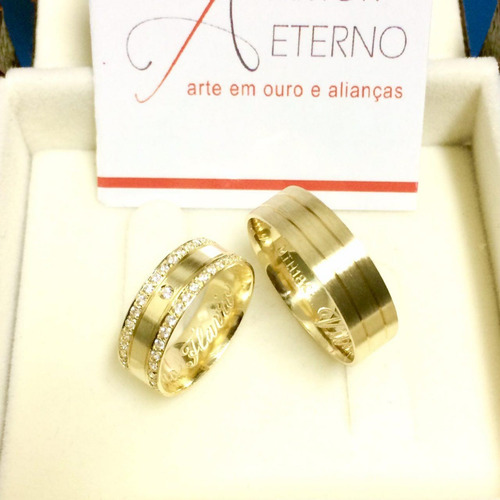 Par Alianças De Ouro 18k Grossa Reta 12 Gramas 6mm Com Pedra
