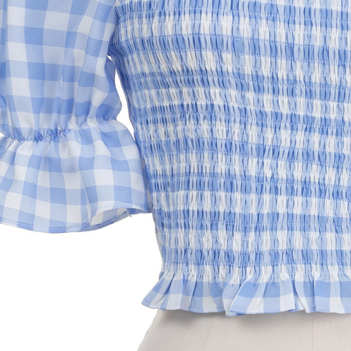 Imagen 5 de 7 de Blusa Corta Cuadros Manga Abullonada Fresca Primaveral.
