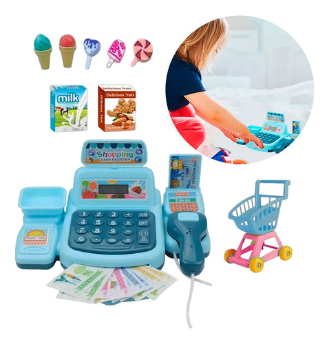 Calculadora de som de brinquedo de caixa registradora, cor do carrinho de compras: azul claro