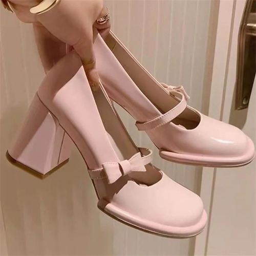 Nuevo Zapatos Mary Jane De Tacón Grueso Con Lazo Francés