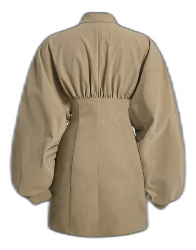 Vestido Camisero Unicolor Pecho Con Fruncido De Manga Farol