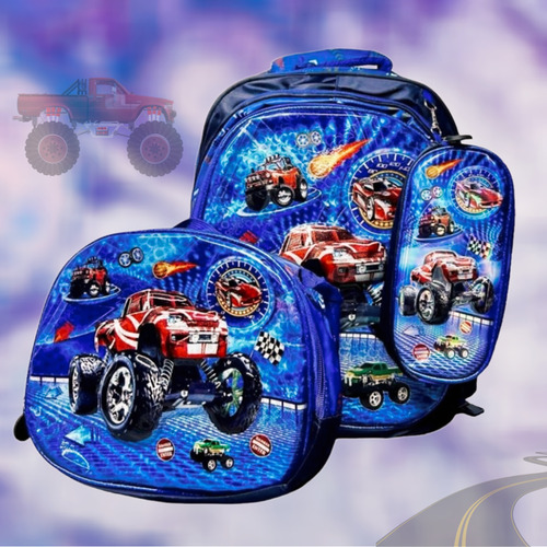 Mochila Escolar Para Niños, Astronauta, Autos Y Dinosaurio En Combo Con Lonchera Térmica Y Lapicera Con Diseño En 3d Con Glitter Y Luz Led