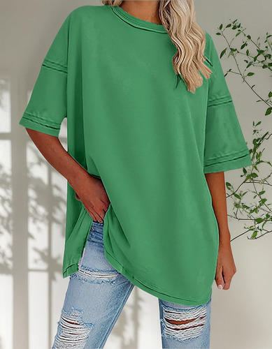 Top Holgado De Manga Corta Con Cuello, Casual, Color Liso, I