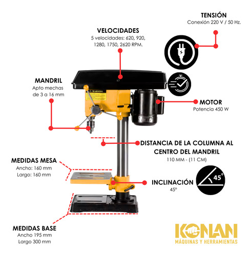 Konan Taladro De Banco 16mm + Morsa Plana 450w 5 Velocidades Amarillo