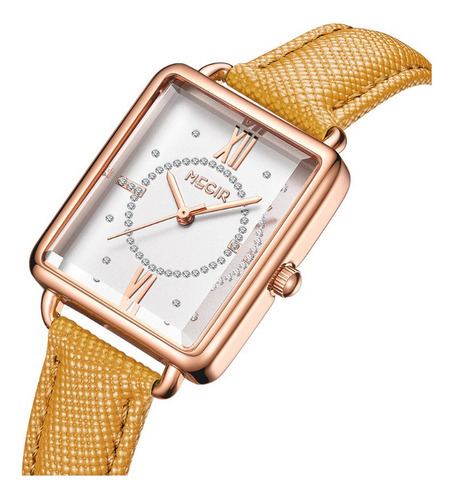 Reloj Megir Retro De Cuero Con Diamantes Para Mujer Color De La Correa Amarillo