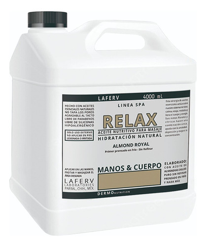 Aceite Spa Relax De Almendras Dulces Verdadero Orgánico 4 L 