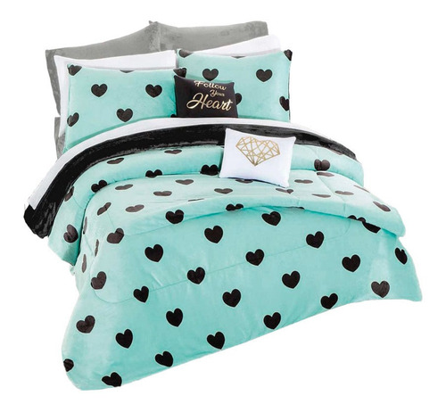 Cobertor Matri/indi Ozzy Mint Aqua/negro Corazones Concord