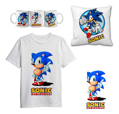 Remera Sonic + Combo Taza Y Almohadon 30x30