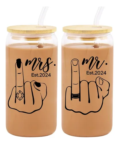 Est. 2024 Mr & Mrs Glass Cup Con Tapas Y Pajitas - Regalos D