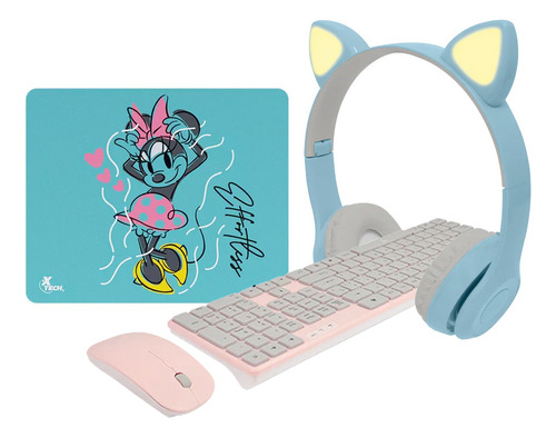 Kit Mouse Teclado Mousepad Audifonos Aestetic Disney Gatitos