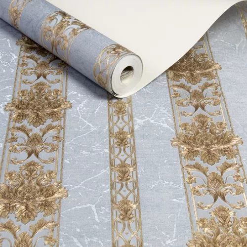 PAPEL DE PAREDE LINHAS AZUL ESCURO COM FIO DOURADO - VINÍLIZADO