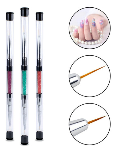 Kit 3 Pincéis 2 Pontas Ultra Fino Decoração Unhas Nail Art