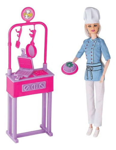 Boneca Loira Modelo Estilo Cozinheira Com Fogão Cozinha