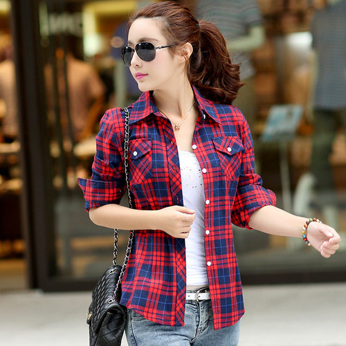 Ha Camisa De Mujer A Cuadros Tallas Grandes Algodón Slim Fit