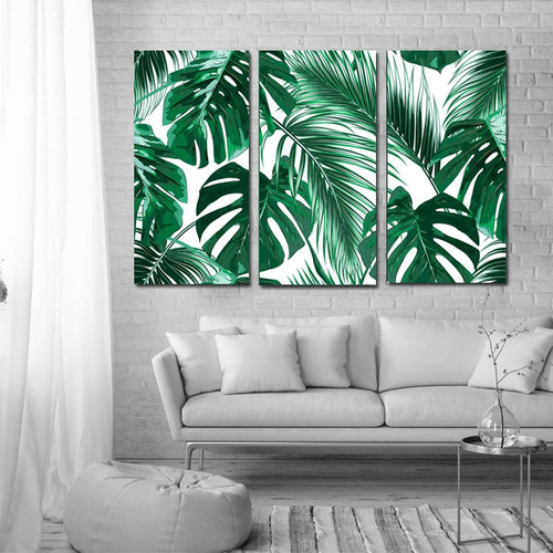 Imagen 2 de 6 de Cuadros Hojas Tríptico 120x60 Modernos Decorativos Tela