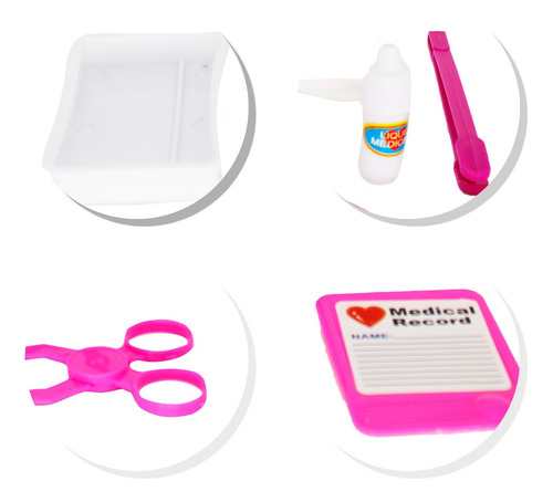 Imagem 6 de 7 de Kit Medico Brinquedo Pink 6pçs Estetoscópio Pinça Alicate