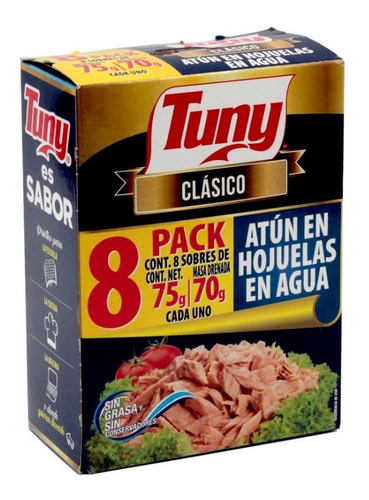 8 Pack Sobres De Atun En Hojuelas En Agua Tuny Clasico 75 G
