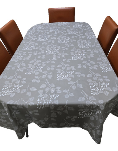 Mantel Mesa Rectangular 1.4x3m Impermeable Cuerina Afelpada Florcitas Gris