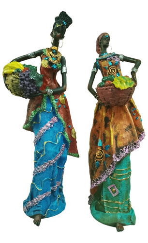 Fijura Esculturas Negras Africanas Con Canasto De Frutas 