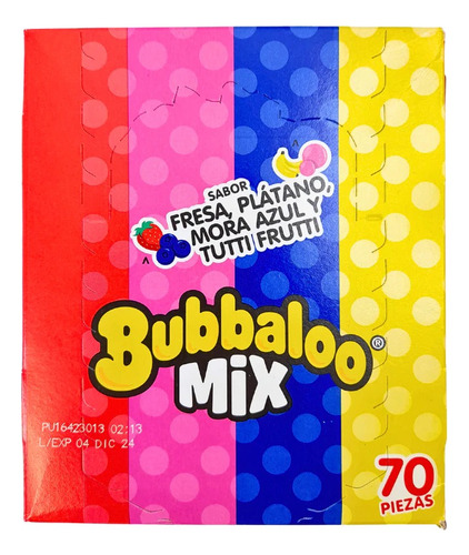Bubbaloo Chicle Mix Fresa, Plátano, Mora 70 Pzas