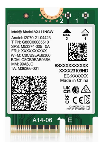 Placa Wifi Intel Ax411 Ngw - Cnvio2 - 6e, Bluetooth 5.3