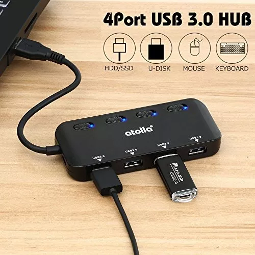 Divisor de concentrador USB 3.0 - Extensor USB de 4 puertos USB Ultra Slim  Hub de datos con interruptor de alimentación individual y LED