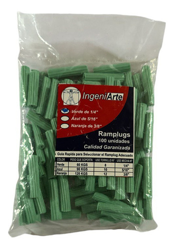 Ramplug Verde Plastico 1/4  Pack (100 Unidades) Ingeni Arte