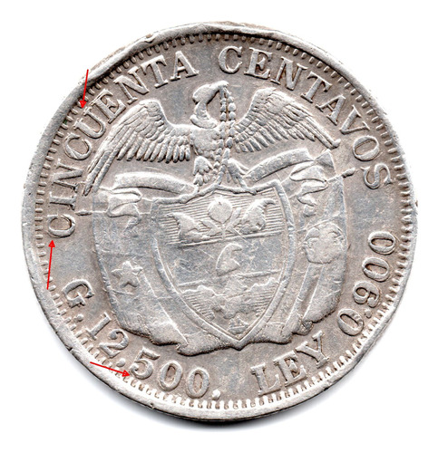 Moneda Colombia 50 Centavos 1918 Reverso Remarcado Plata