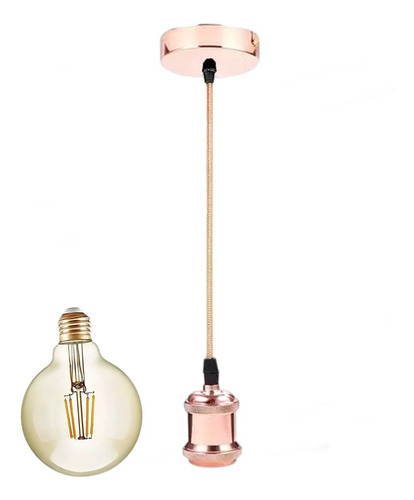 Pendente E27 Cobre Rose E Lâmpada Filamento Led G80 4w 2400k