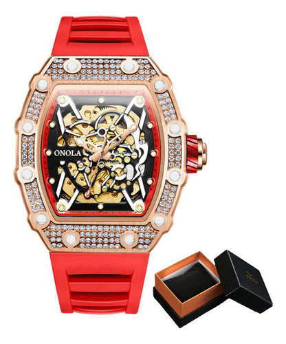 Relógios automáticos de luxo Onola Diamond para homens, cor da moldura: rosa, vermelho