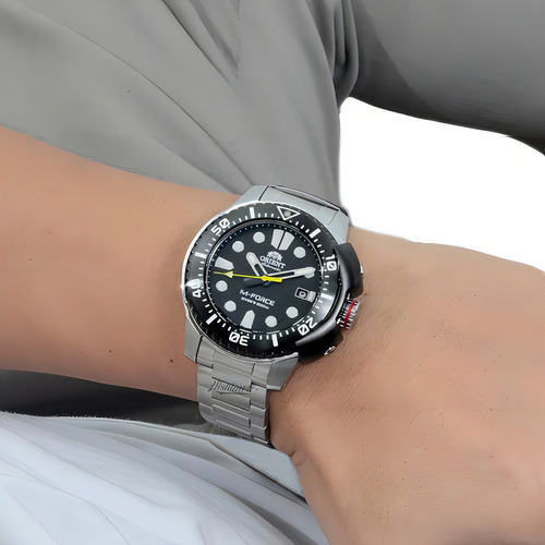 Relógio Orient Automático M-force Ra-ac0l01b00b Diver 200m Cor da correia Prata Cor do bisel Preto Cor do fundo Preto