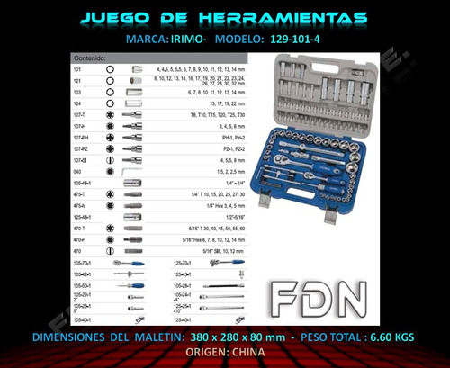 Imagen 2 de 8 de Set De Llaves Tubo Irimo 1291014 101 Pzas + Maletin - Fdn
