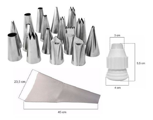 2 Sacos Confeitar Emborrachado +16 Bicos Inox + Adaptador