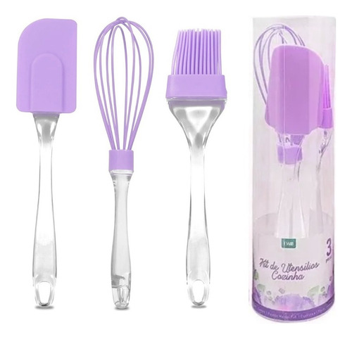 Kit Utensílio Silicone 3 Peças Fuê Fouet Espátula E Pincel Cor Roxo