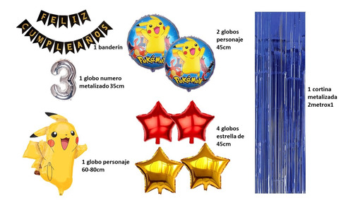 Kit Decoración Pokemon Pikachu Globos+cortinas+banderin Azul Y Negro