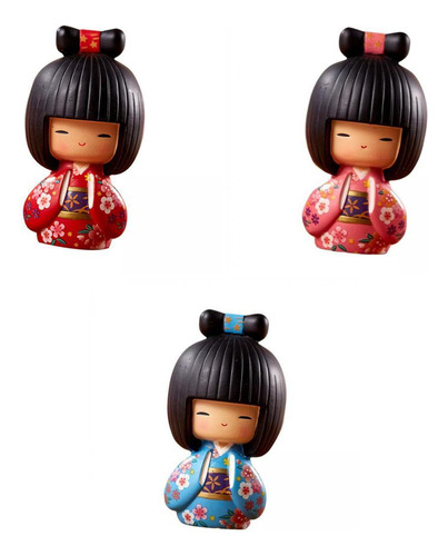 3x Bonecas Kokeshi Pintura À Mão Asiática Para Ornamento